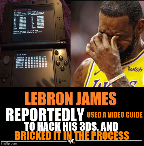 USE A TEXT GUIDE | USED A VIDEO GUIDE; TO HACK HIS 3DS, AND; BRICKED IT IN THE PROCESS | image tagged in lebron james reportedly forgot to,3ds | made w/ Imgflip meme maker