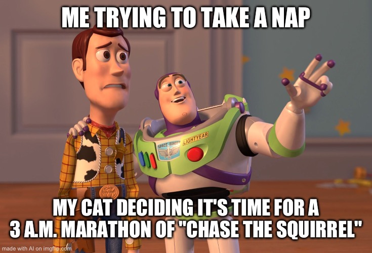This is my first AI meme! Not the best picture. | ME TRYING TO TAKE A NAP; MY CAT DECIDING IT'S TIME FOR A 3 A.M. MARATHON OF "CHASE THE SQUIRREL" | image tagged in memes,x x everywhere,ai meme | made w/ Imgflip meme maker