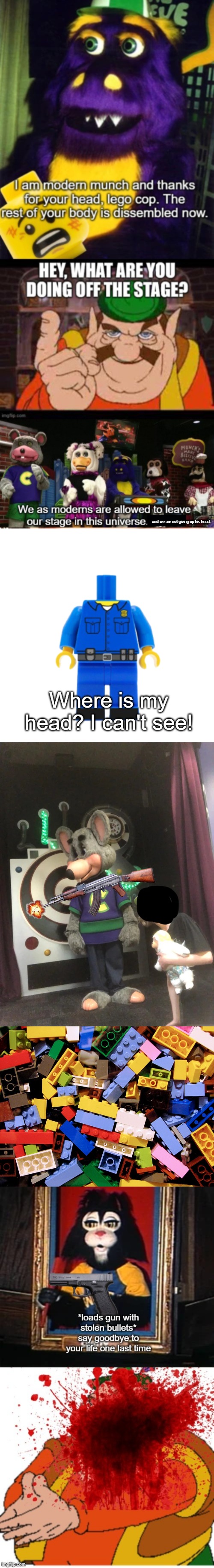 I will let the fact that lego cop isn't just lego slide but literally, he can't see without (full title in comments) | and we are not giving up his head. Where is my head? I can't see! | image tagged in lego pile | made w/ Imgflip meme maker