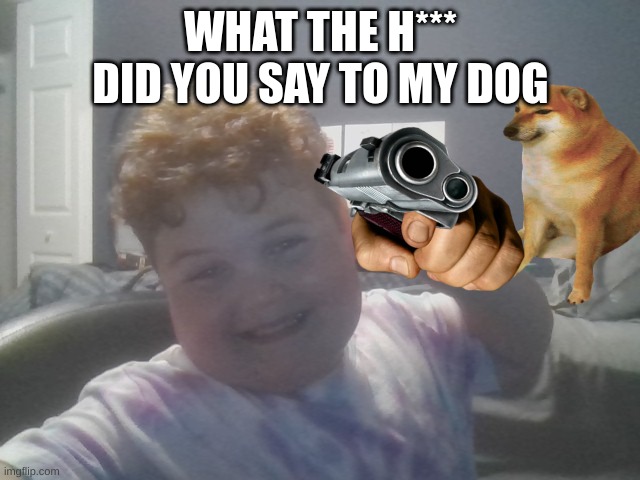 kid | WHAT THE H*** DID YOU SAY TO MY DOG | image tagged in kid from internet being weird | made w/ Imgflip meme maker