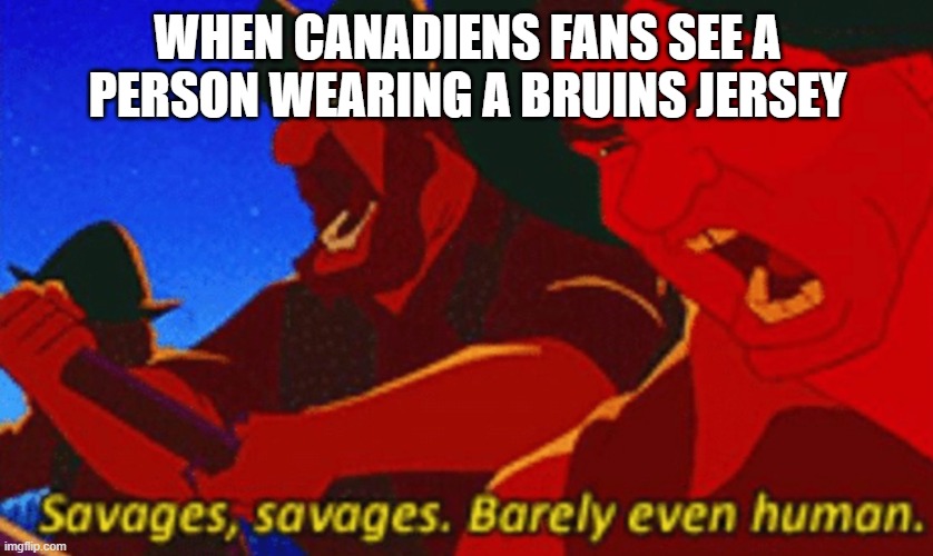Habs vs Bruins, an age old rivalry | WHEN CANADIENS FANS SEE A PERSON WEARING A BRUINS JERSEY | image tagged in savages | made w/ Imgflip meme maker