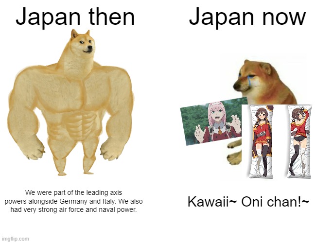 Buff Doge vs. Cheems | Japan then; Japan now; We were part of the leading axis powers alongside Germany and Italy. We also had very strong air force and naval power. Kawaii~ Oni chan!~ | image tagged in memes,buff doge vs cheems | made w/ Imgflip meme maker