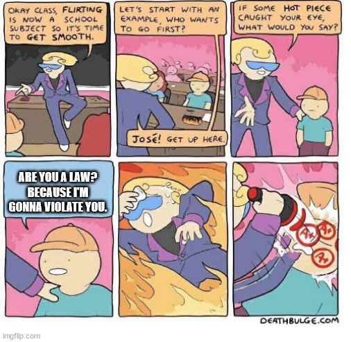 Thought this one up while working at my job | ARE YOU A LAW? BECAUSE I'M GONNA VIOLATE YOU. | image tagged in flirting school,bad pick up lines,memes | made w/ Imgflip meme maker