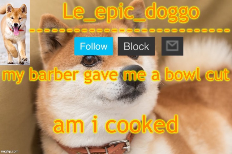 epic doggo's temp back in old fashion | my barber gave me a bowl cut; am i cooked | image tagged in epic doggo's temp back in old fashion | made w/ Imgflip meme maker