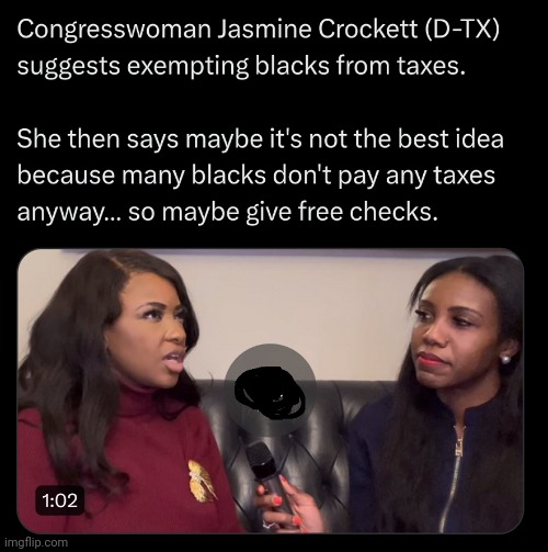 Congresswoman Jasmine Crockett (D-TX) Suggests Exempting Blacks From Taxes | image tagged in congresswoman jasmine crockett suggests,exempting blacks from taxes | made w/ Imgflip meme maker