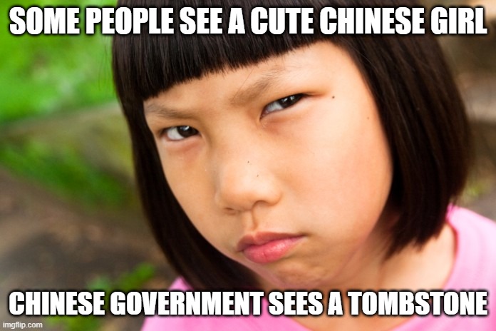 One Child! | SOME PEOPLE SEE A CUTE CHINESE GIRL; CHINESE GOVERNMENT SEES A TOMBSTONE | image tagged in angry chinese girl | made w/ Imgflip meme maker