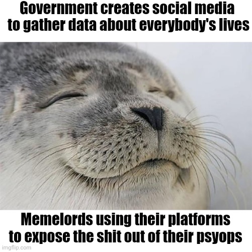 Social media memelords | Government creates social media 
to gather data about everybody's lives; Memelords using their platforms to expose the shit out of their psyops | image tagged in memes,satisfied seal,memelords,social media | made w/ Imgflip meme maker