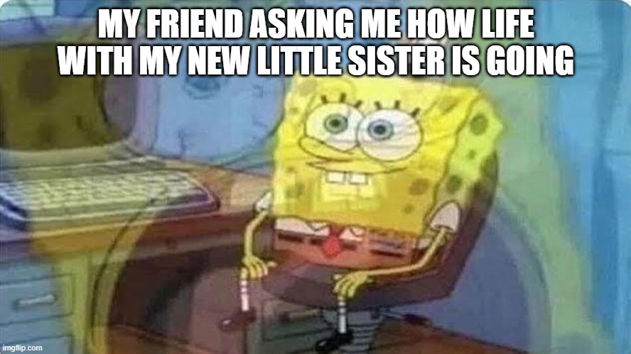 Baby Siblings be like | MY FRIEND ASKING ME HOW LIFE WITH MY NEW LITTLE SISTER IS GOING | image tagged in sponge bob screaming internally | made w/ Imgflip meme maker