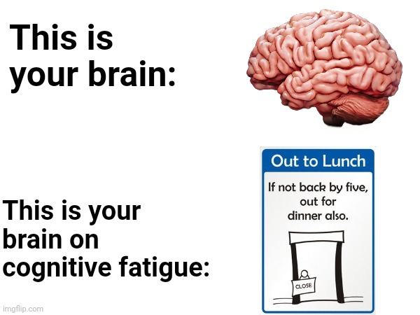 How my brain feels right now | This is your brain:; This is your brain on cognitive fatigue: | image tagged in relatable,brain,funny,memes,random,original meme | made w/ Imgflip meme maker