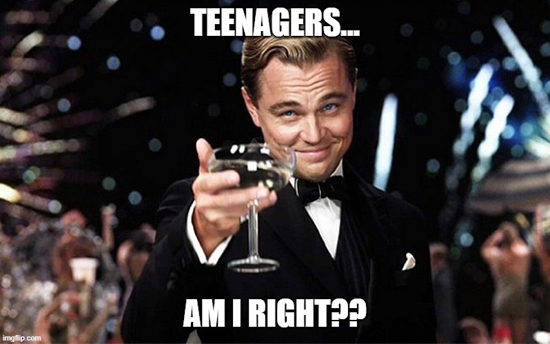 Teenagers... and I right? | TEENAGERS... AM I RIGHT?? | image tagged in leonardo dicaprio raise glass | made w/ Imgflip meme maker