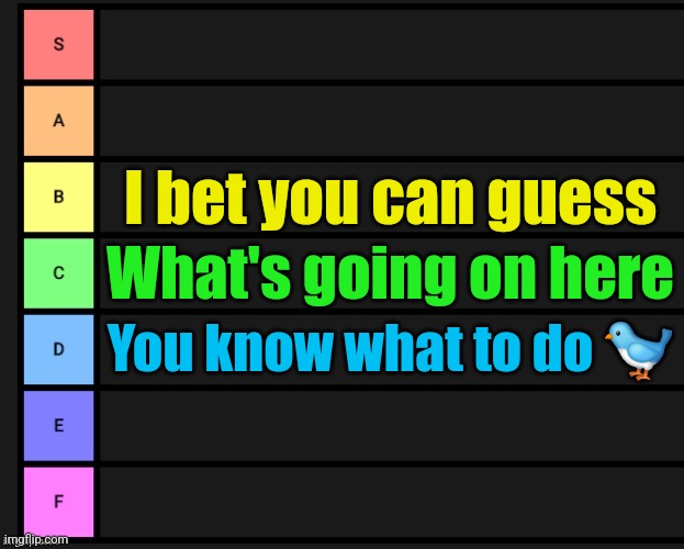 Tier List | I bet you can guess; What's going on here; You know what to do 🐦 | image tagged in tier list | made w/ Imgflip meme maker