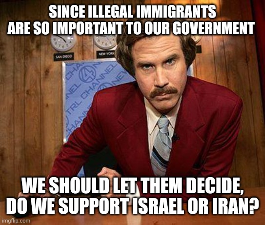 Me I'm just a citizen tax payer I dont have a stake in this | SINCE ILLEGAL IMMIGRANTS ARE SO IMPORTANT TO OUR GOVERNMENT; WE SHOULD LET THEM DECIDE, DO WE SUPPORT ISRAEL OR IRAN? | image tagged in ron burgundy,ww3,israel,iran,4d chess | made w/ Imgflip meme maker