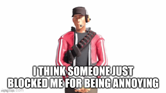 About 3-4 days ago | I THINK SOMEONE JUST BLOCKED ME FOR BEING ANNOYING | image tagged in scout drip | made w/ Imgflip meme maker