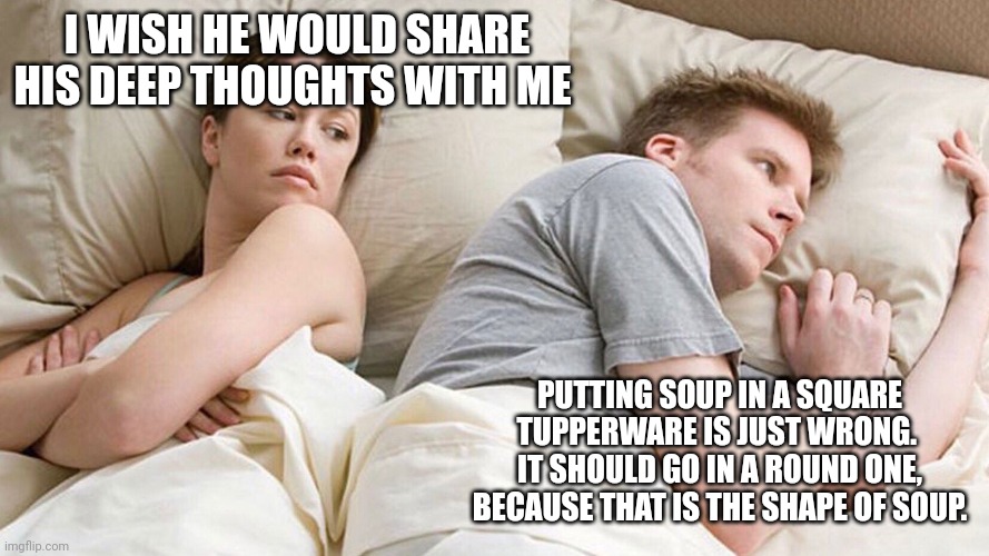 He's probably thinking about girls | I WISH HE WOULD SHARE HIS DEEP THOUGHTS WITH ME; PUTTING SOUP IN A SQUARE TUPPERWARE IS JUST WRONG.  IT SHOULD GO IN A ROUND ONE, BECAUSE THAT IS THE SHAPE OF SOUP. | image tagged in he's probably thinking about girls | made w/ Imgflip meme maker