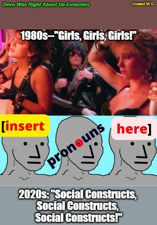 Devo Was Right About De-Evolution [NV] | image tagged in 1980s,pronouns,2020s,social constructs,myth of progress,men and women | made w/ Imgflip meme maker