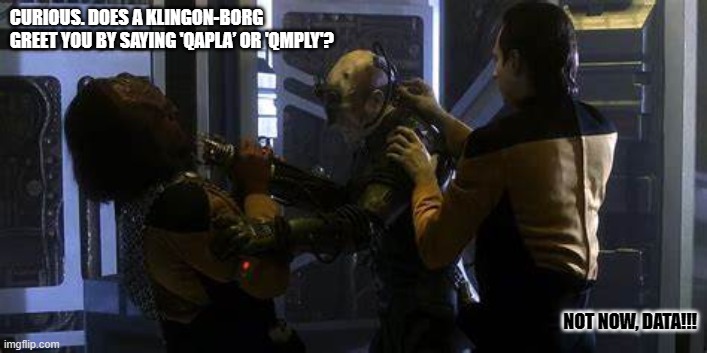 Data is always asking questions at the wrong time | CURIOUS. DOES A KLINGON-BORG GREET YOU BY SAYING 'QAPLA’ OR 'QMPLY'? NOT NOW, DATA!!! | image tagged in data,worf,borg,star trek | made w/ Imgflip meme maker