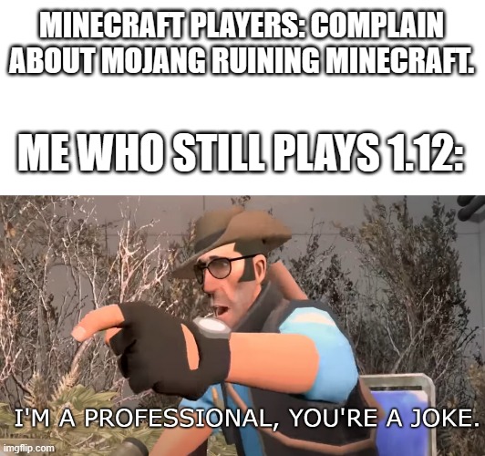 it's not very good. just wanted to promote my new template. | MINECRAFT PLAYERS: COMPLAIN ABOUT MOJANG RUINING MINECRAFT. ME WHO STILL PLAYS 1.12: | image tagged in i'm a professional you're a joke,minecraft | made w/ Imgflip meme maker