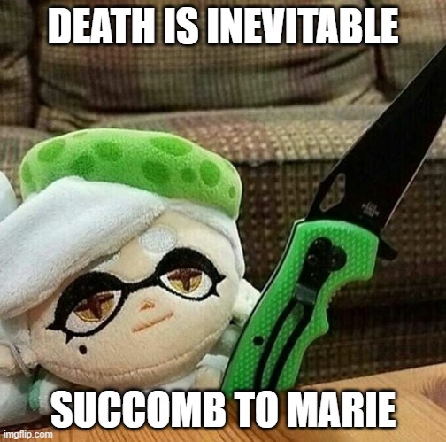 Marie plush with a knife | DEATH IS INEVITABLE; SUCCOMB TO MARIE | image tagged in marie plush with a knife | made w/ Imgflip meme maker