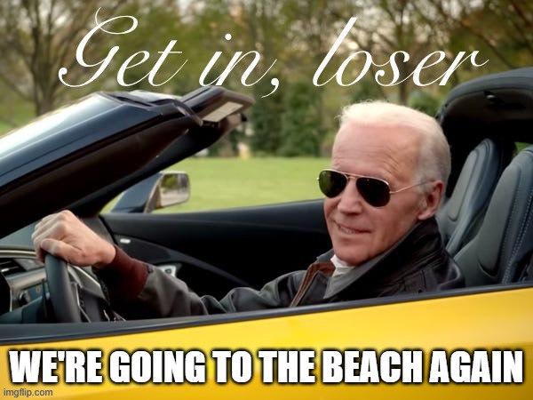beach bums | WE'RE GOING TO THE BEACH AGAIN | image tagged in joe biden get in loser | made w/ Imgflip meme maker