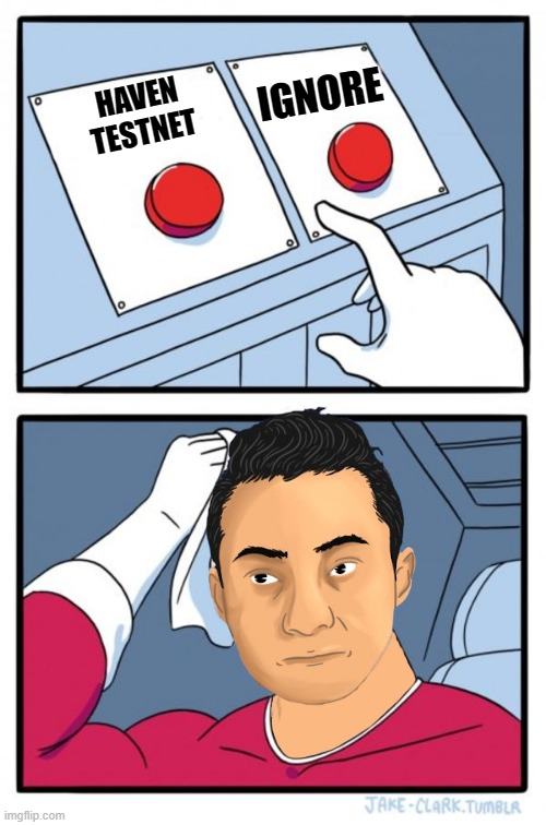 Justin Sun Dilemma | IGNORE; HAVEN
TESTNET | image tagged in justin sun dilemma | made w/ Imgflip meme maker