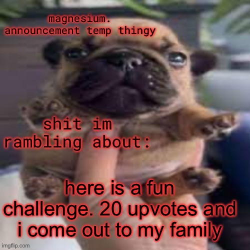 if it reaches 20 ima raise it to 30 | here is a fun challenge. 20 upvotes and i come out to my family | image tagged in pug temp | made w/ Imgflip meme maker