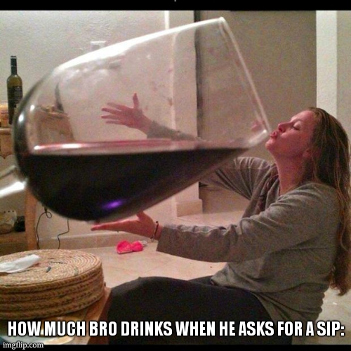 fr | HOW MUCH BRO DRINKS WHEN HE ASKS FOR A SIP: | image tagged in wine drinker | made w/ Imgflip meme maker
