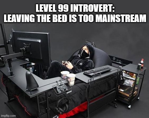 best gaming setup ever | LEVEL 99 INTROVERT: LEAVING THE BED IS TOO MAINSTREAM | image tagged in gaming | made w/ Imgflip meme maker