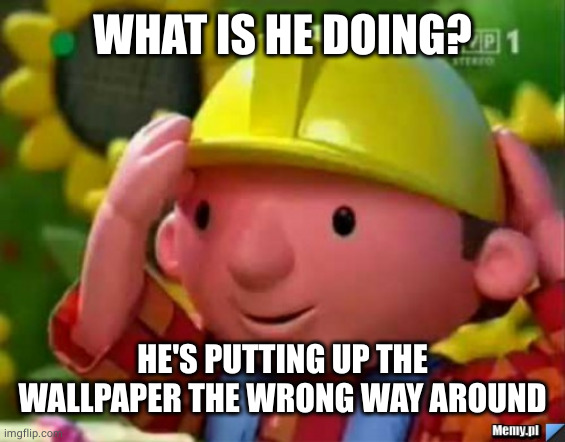 Bob Budowniczy Builder | WHAT IS HE DOING? HE'S PUTTING UP THE WALLPAPER THE WRONG WAY AROUND | image tagged in bob budowniczy builder | made w/ Imgflip meme maker