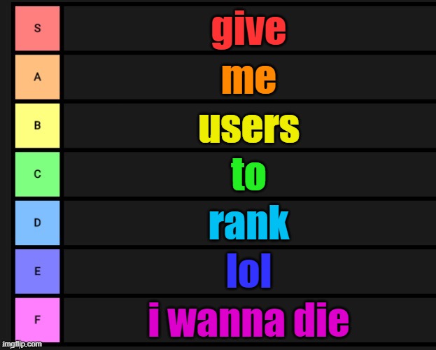 Tier List | give; me; users; to; rank; lol; i wanna die | image tagged in tier list | made w/ Imgflip meme maker