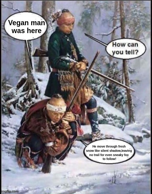 "They end up weighing close to nothing." | Vegan man
was here; He move through fresh 
snow like silent shadow,leaving 
no trail for even sneaky fox 
to follow! | image tagged in white man been here,funny,vegan,meme,veganism,sad but true | made w/ Imgflip meme maker