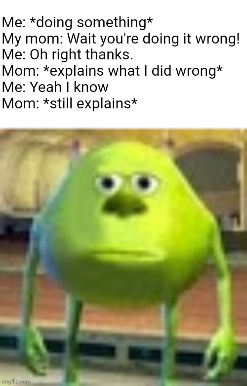 It's getting annoying | Me: *doing something*

My mom: Wait you're doing it wrong!

Me: Oh right thanks.

Mom: *explains what I did wrong*

Me: Yeah I know

Mom: *still explains* | image tagged in sully wazowski,front page plz | made w/ Imgflip meme maker
