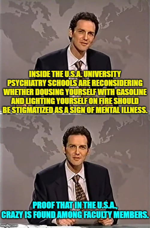 Crazy is as crazy does and the leftists running universities are cray-cray. | INSIDE THE U.S.A. UNIVERSITY PSYCHIATRY SCHOOLS ARE RECONSIDERING WHETHER DOUSING YOURSELF WITH GASOLINE AND LIGHTING YOURSELF ON FIRE SHOULD BE STIGMATIZED AS A SIGN OF MENTAL ILLNESS. PROOF THAT IN THE U.S.A., CRAZY IS FOUND AMONG FACULTY MEMBERS. | image tagged in weekend update with norm | made w/ Imgflip meme maker