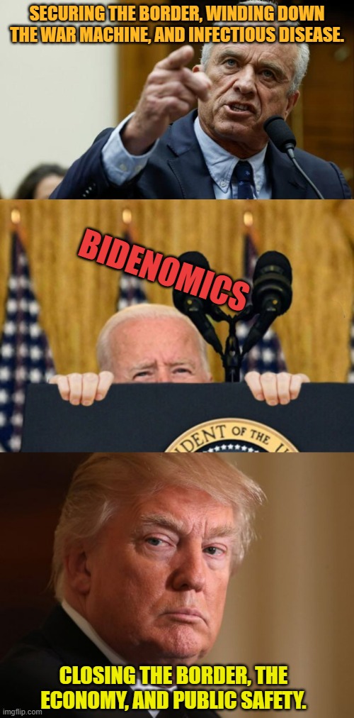 2024 Presidential  Candidates Campaign's Important Issues | SECURING THE BORDER, WINDING DOWN THE WAR MACHINE, AND INFECTIOUS DISEASE. BIDENOMICS; CLOSING THE BORDER, THE ECONOMY, AND PUBLIC SAFETY. | image tagged in memes,politics,presidential candidates,campaign,important,issues | made w/ Imgflip meme maker