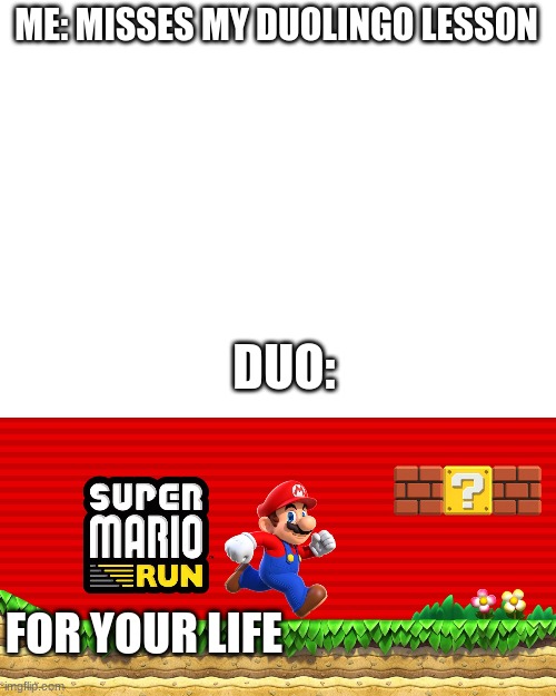 run | ME: MISSES MY DUOLINGO LESSON; DUO:; FOR YOUR LIFE | image tagged in duolingo | made w/ Imgflip meme maker