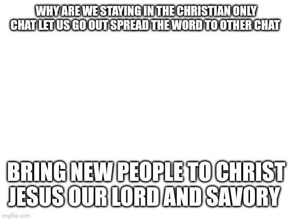 WHY ARE WE STAYING IN THE CHRISTIAN ONLY CHAT LET US GO OUT SPREAD THE WORD TO OTHER CHAT; BRING NEW PEOPLE TO CHRIST JESUS OUR LORD AND SAVORY | made w/ Imgflip meme maker
