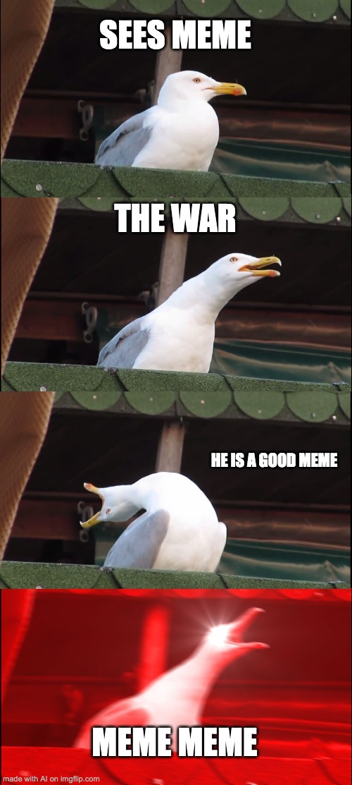 MEME | SEES MEME; THE WAR; HE IS A GOOD MEME; MEME MEME | image tagged in memes,inhaling seagull | made w/ Imgflip meme maker