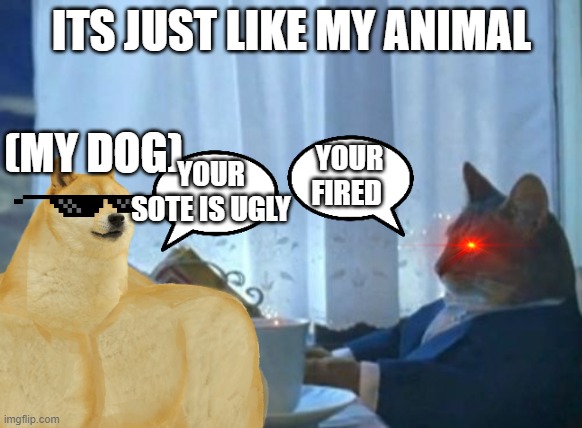 My animals | ITS JUST LIKE MY ANIMAL; (MY DOG); YOUR FIRED; YOUR SOTE IS UGLY | image tagged in cat,dog,your fired,bruh,uh oh | made w/ Imgflip meme maker