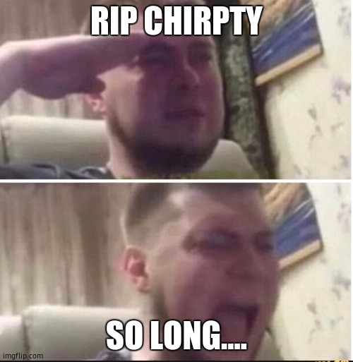 chirpty... | RIP CHIRPTY; SO LONG.... | image tagged in crying salute,chirpty | made w/ Imgflip meme maker