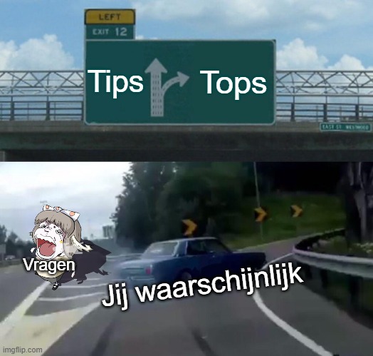 Vragen,Tips & Tops | Tips; Tops; Vragen; Jij waarschijnlijk | image tagged in memes,left exit 12 off ramp | made w/ Imgflip meme maker