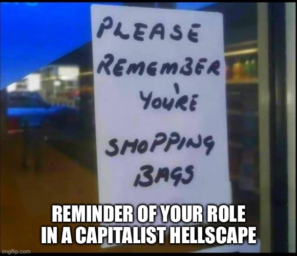 Shopping Bags | REMINDER OF YOUR ROLE IN A CAPITALIST HELLSCAPE | image tagged in capitalism | made w/ Imgflip meme maker