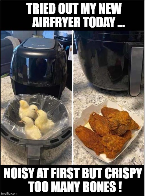 I Always Use Fresh Ingredients ! | TRIED OUT MY NEW
    AIRFRYER TODAY ... NOISY AT FIRST BUT CRISPY
  TOO MANY BONES ! | image tagged in airfryer,chicks,crispy,dark humour | made w/ Imgflip meme maker