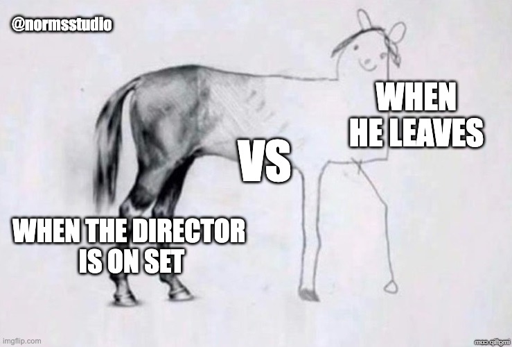 Film set Shenanigans | @normsstudio; WHEN HE LEAVES; VS; WHEN THE DIRECTOR 
IS ON SET | image tagged in horse drawing | made w/ Imgflip meme maker