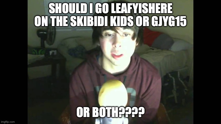 LeafyisHere | SHOULD I GO LEAFYISHERE ON THE SKIBIDI KIDS OR GJYG15; OR BOTH???? | image tagged in leafyishere | made w/ Imgflip meme maker