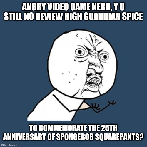 Y U No Meme | ANGRY VIDEO GAME NERD, Y U STILL NO REVIEW HIGH GUARDIAN SPICE; TO COMMEMORATE THE 25TH ANNIVERSARY OF SPONGEBOB SQUAREPANTS? | image tagged in memes,y u no,avgn,high guardian spice,spongebob squarepants | made w/ Imgflip meme maker