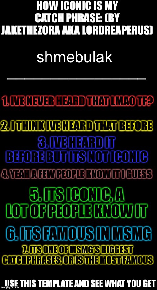 How iconic is my catchphrase | shmebulak | image tagged in how iconic is my catchphrase | made w/ Imgflip meme maker
