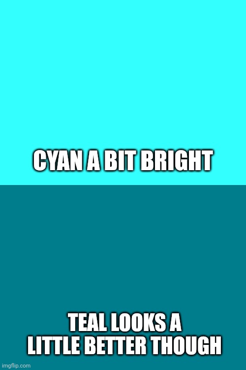 ㅤ | CYAN A BIT BRIGHT; TEAL LOOKS A LITTLE BETTER THOUGH | image tagged in plain cyan template | made w/ Imgflip meme maker