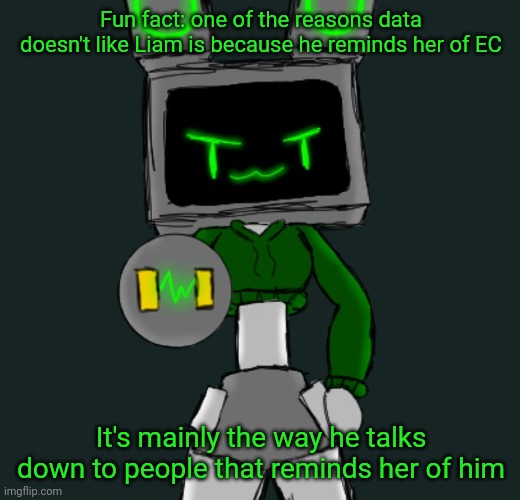 He probably thinks EC is inferior to him, or more accurately was. | Fun fact: one of the reasons data doesn't like Liam is because he reminds her of EC; It's mainly the way he talks down to people that reminds her of him | made w/ Imgflip meme maker