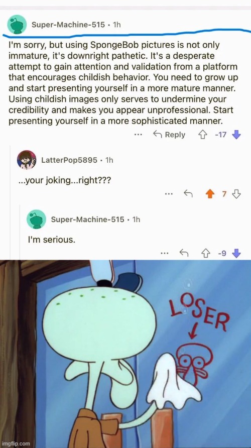 image tagged in squidward cleaning loser | made w/ Imgflip meme maker