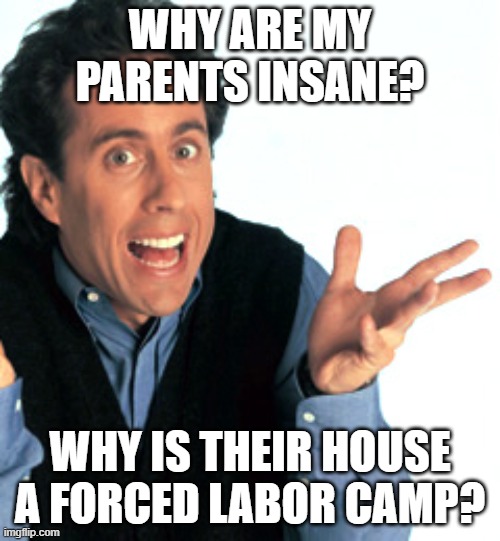 thomas kloser tom kloser | WHY ARE MY PARENTS INSANE? WHY IS THEIR HOUSE A FORCED LABOR CAMP? | image tagged in jerry seinfeld what's the deal | made w/ Imgflip meme maker