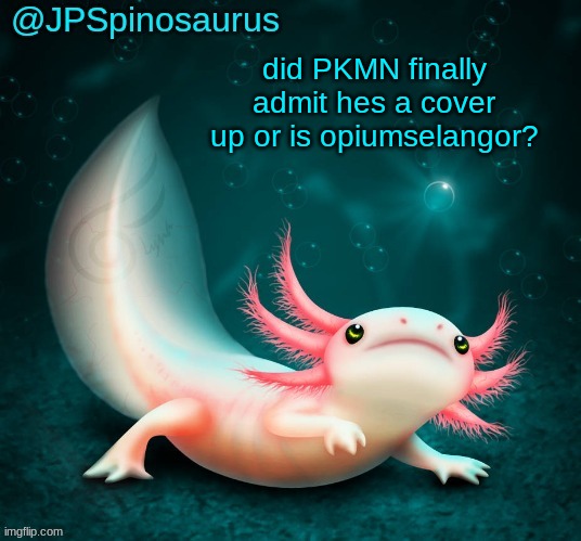 or is he still being weird like he was last night? | did PKMN finally admit hes a cover up or is opiumselangor? | image tagged in jpspinosaurus's axolotl announcement temp | made w/ Imgflip meme maker
